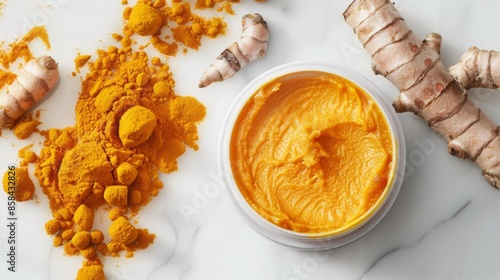 A close-up view of turmeric root, turmeric powder, and turmeric paste on a white marble surface. The turmeric paste is in a small white bowl and is ready to use. photo