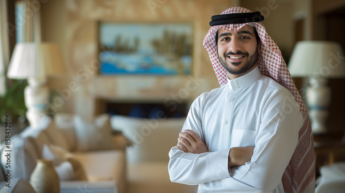 Dressed in traditional Arabic outfit, a standing and dynamic Arabic handsome guy posing in a traditional Arabic living room setting, front light, smiling brightly and looking direc photo