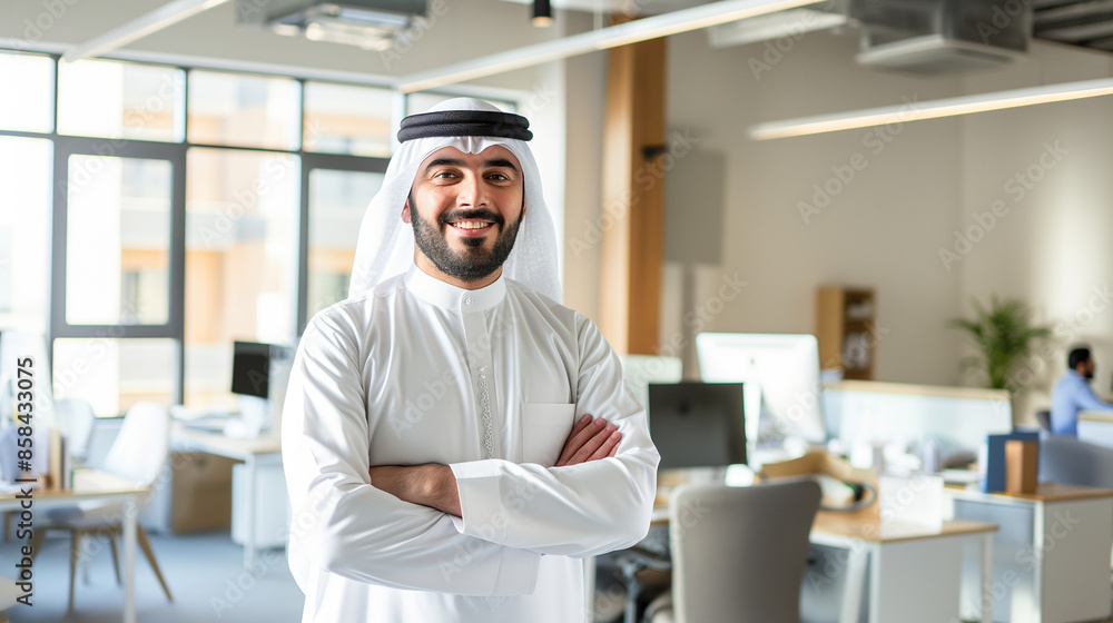 Dressed in traditional Arab attire, a standing and dynamic Arab handsome guy in a modern office, surrounded by contemporary furniture and technology, front light, smiling confident Dressed in traditional Arab attire, a standing and dynamic Arab handsome guy in a modern office, surrounded by contemporary furniture and technology, front light, smiling confident
