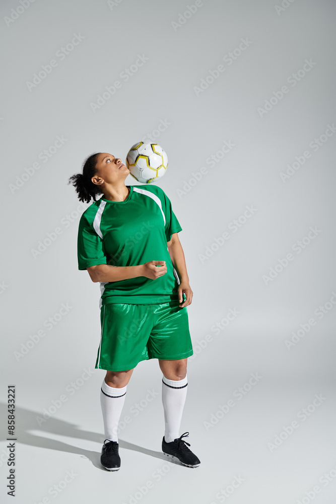 A woman in a green soccer uniform juggles a soccer ball with her head. A woman in a green soccer uniform juggles a soccer ball with her head.