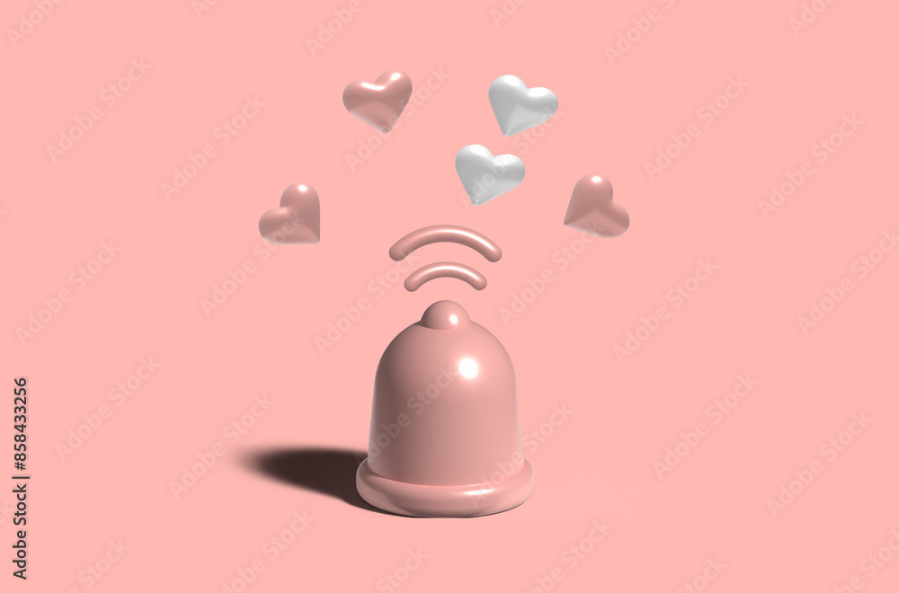 Pink bell and heart notifications, 3D rendering illustration Pink bell and heart notifications, 3D rendering illustration