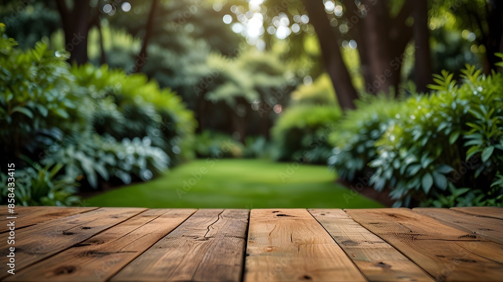 Wooden table and blurred green nature garden background Wooden table and blurred green nature garden background