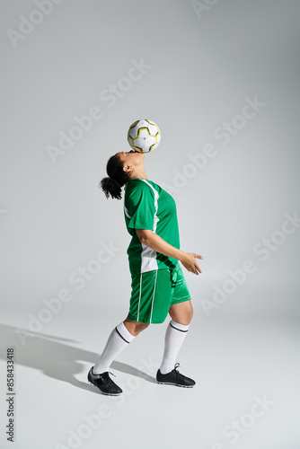 A female athlete in a green jersey juggles a soccer ball with her head in a studio setting.