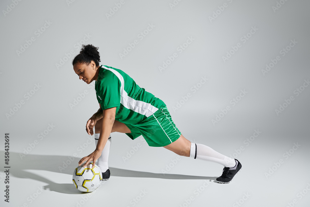 A female athlete in a green jersey stretches with a soccer ball in a studio setting. A female athlete in a green jersey stretches with a soccer ball in a studio setting.