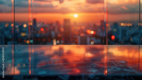 Fototapeta Naklejka Na Ścianę i Meble -  Marble tabletop with city sunset view from rooftop bar