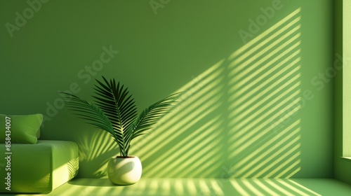 A contemporary apartment bedroom featuring a refreshing green color palette, with minimalist design elements and plenty of copy space for customization. Ideal for projects that need a modern and