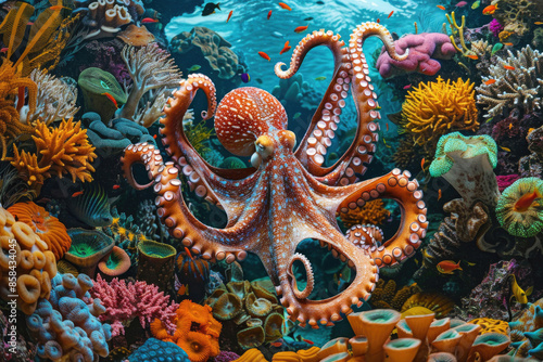 Wallpaper Mural An octopus glides through coral reefs, tentacles trailing, in a vibrant underwater scene Torontodigital.ca