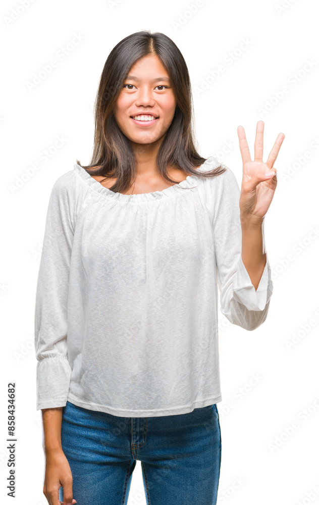 Young asian woman over isolated background showing and pointing up with fingers number three while smiling confident and happy. Young asian woman over isolated background showing and pointing up with fingers number three while smiling confident and happy.