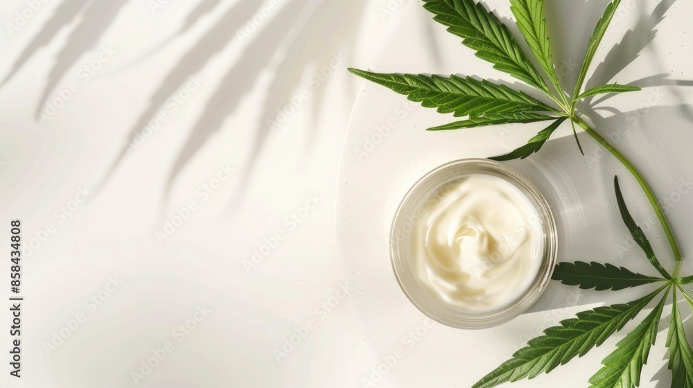 CBD beauty product in jar with hemp leaf on white background Top view with room for text CBD beauty product in jar with hemp leaf on white background Top view with room for text