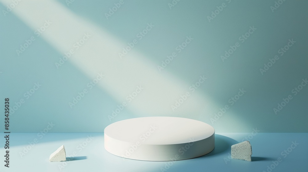 Sunlit Minimalist Blue Mockup with White Podium and Soft Shadows for Product Display Sunlit Minimalist Blue Mockup with White Podium and Soft Shadows for Product Display
