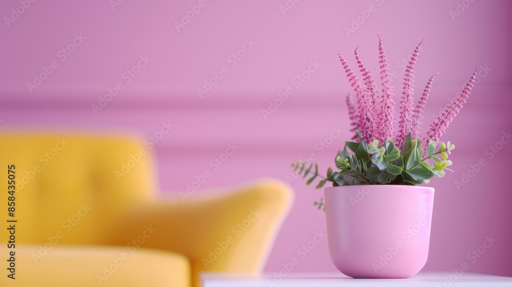 A cozy and inviting apartment interior in shades of purple, with minimalist decor and furnishings creating a warm and welcoming atmosphere. The image offers plenty of copy space for customization. A cozy and inviting apartment interior in shades of purple, with minimalist decor and furnishings creating a warm and welcoming atmosphere. The image offers plenty of copy space for customization.