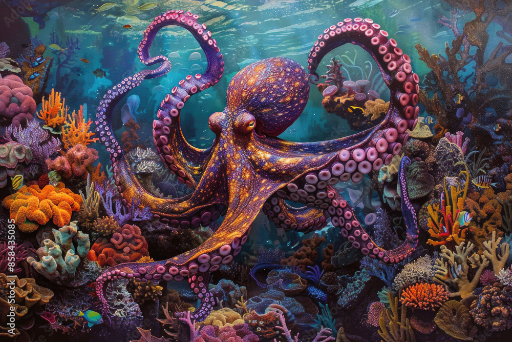Naklejka premium An octopus glides through coral reefs, tentacles trailing, in a vibrant underwater scene