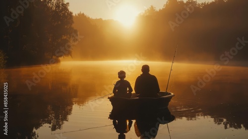 Sentimental photo of a father and child fishing on a serene lake, sharing quiet moments and fishing tales on Fathers Day