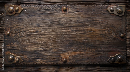 Weathered wooden plaque with decorative metal corners