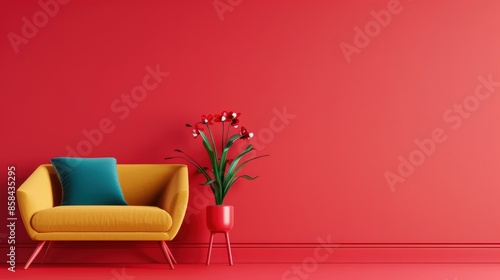 A sophisticated apartment featuring a bold red color palette, with minimalist furnishings and a clean, uncluttered layout. The image provides ample copy space for adding text or graphics.