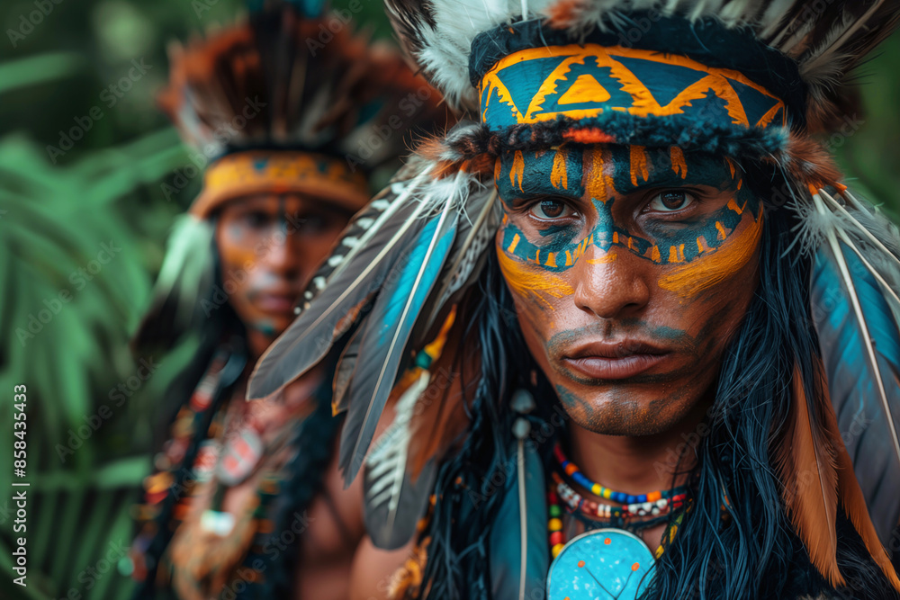 Fototapeta premium Guerriers du Néolitique vivant dans la jungle.
