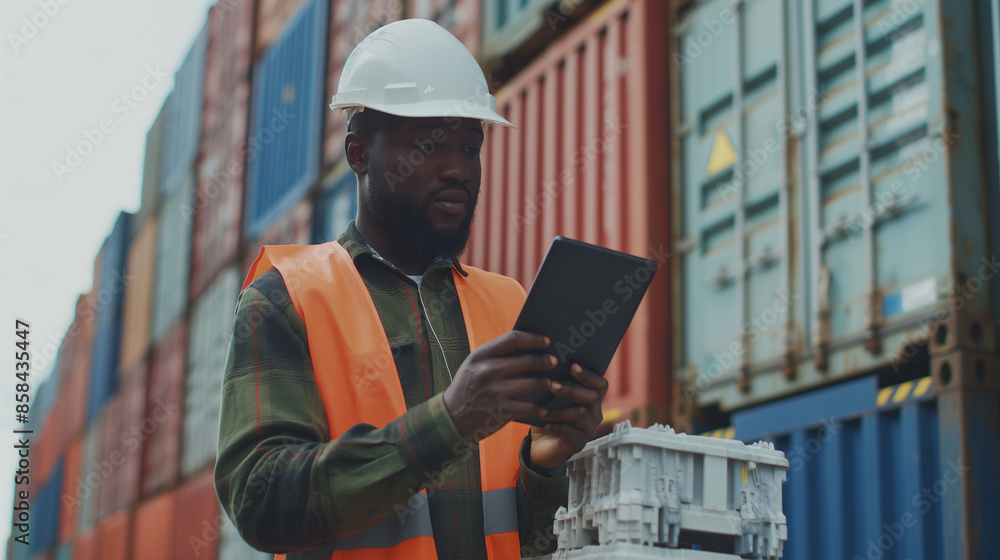 A cargo airport worker uses a tablet to check shipment details, coordinating with warehouse staff for efficient handling. A cargo airport worker uses a tablet to check shipment details, coordinating with warehouse staff for efficient handling.