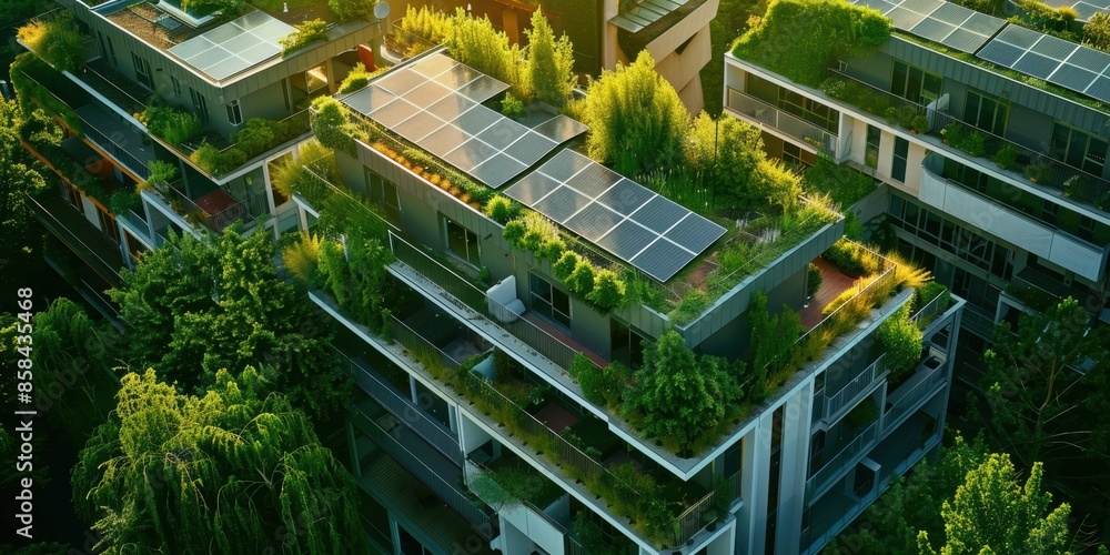 Modern apartment building with green rooftops and solar panels, integrating nature and sustainable living Modern apartment building with green rooftops and solar panels, integrating nature and sustainable living