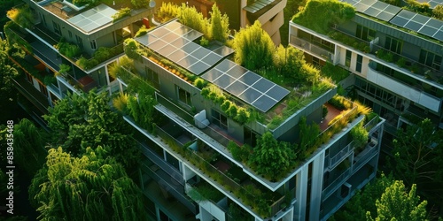 Modern apartment building with green rooftops and solar panels, integrating nature and sustainable living