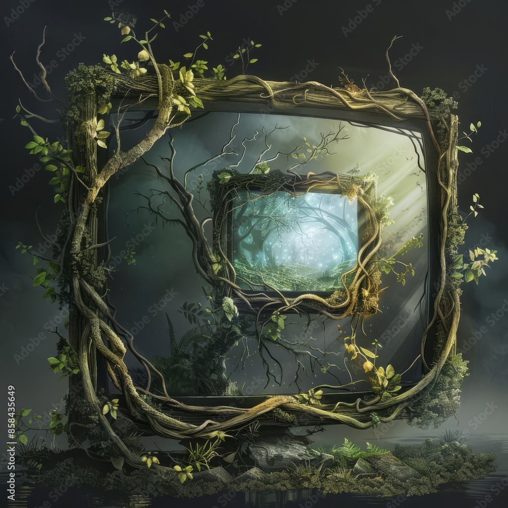 Fototapeta premium Mythical computer design with a crystalclear monitor encased in a vinewrapped frame, echoing an ancient forest magic