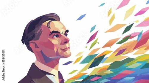 An illustration of Alan Turing, the father of computer science and artificial intelligence, with a background of colorful geometric shapes representing the many facets of his geniu