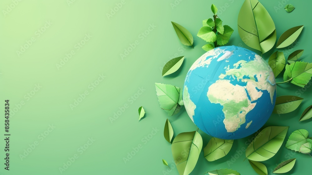 Minimalist green earth with paper leaves on green background Minimalist green earth with paper leaves on green background