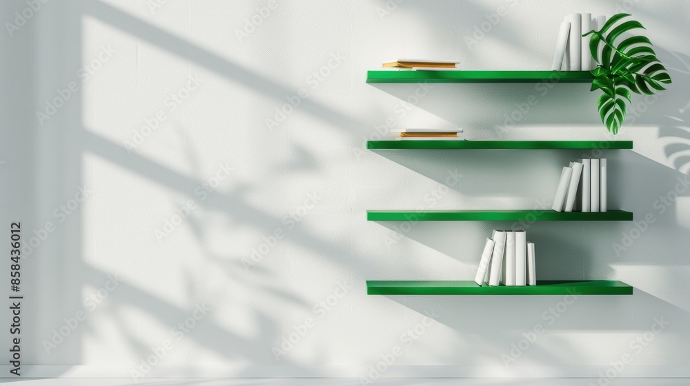 Obraz premium A sleek bookshelf with green accents in a minimalist setting, offering plenty of copy space for customization. The uncluttered design highlights the simplicity and elegance of modern interiors.