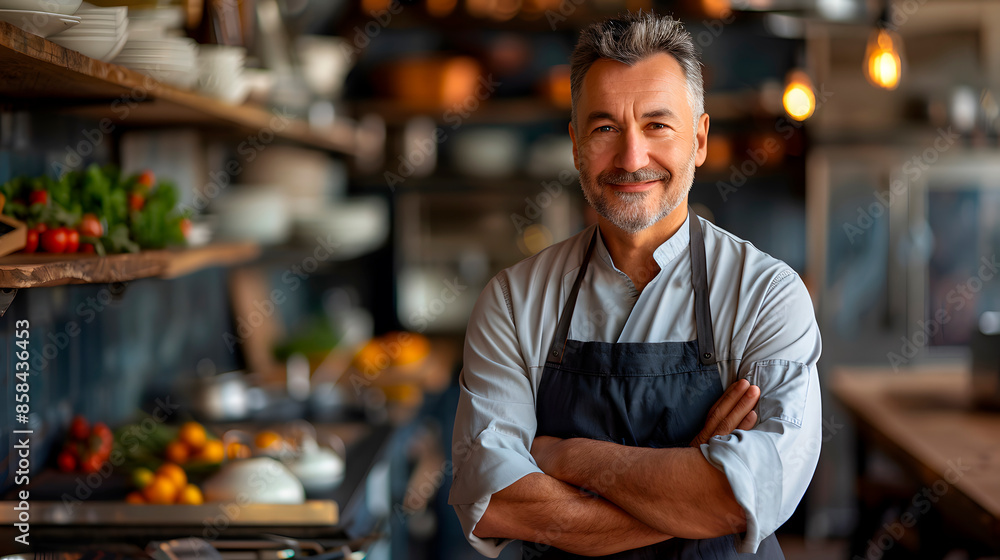 Portrait of a middle-aged male chef in a professional kitchen looking at the camera and smiling cheerfully. Image with copy space. Generative Ai
Portrait of a middle-aged male chef in a professional kitchen looking at the camera and smiling cheerfully. Image with copy space. Generative Ai