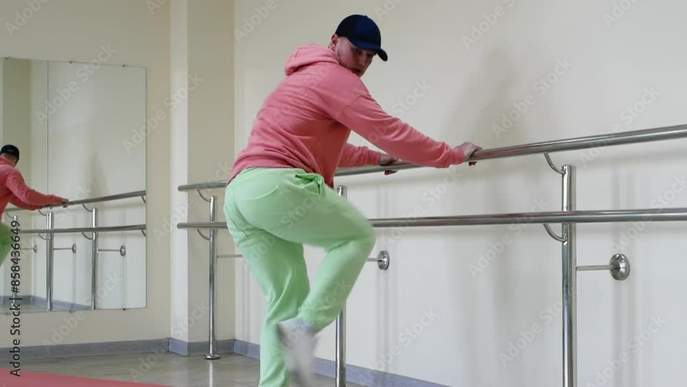 Batmans and leg swings near the ballet dance barre. Training body stretching in a fitness studio. Male athlete gymnast warms up in the gym during training. Batmans and leg swings near the ballet dance barre. Training body stretching in a fitness studio. Male athlete gymnast warms up in the gym during training.