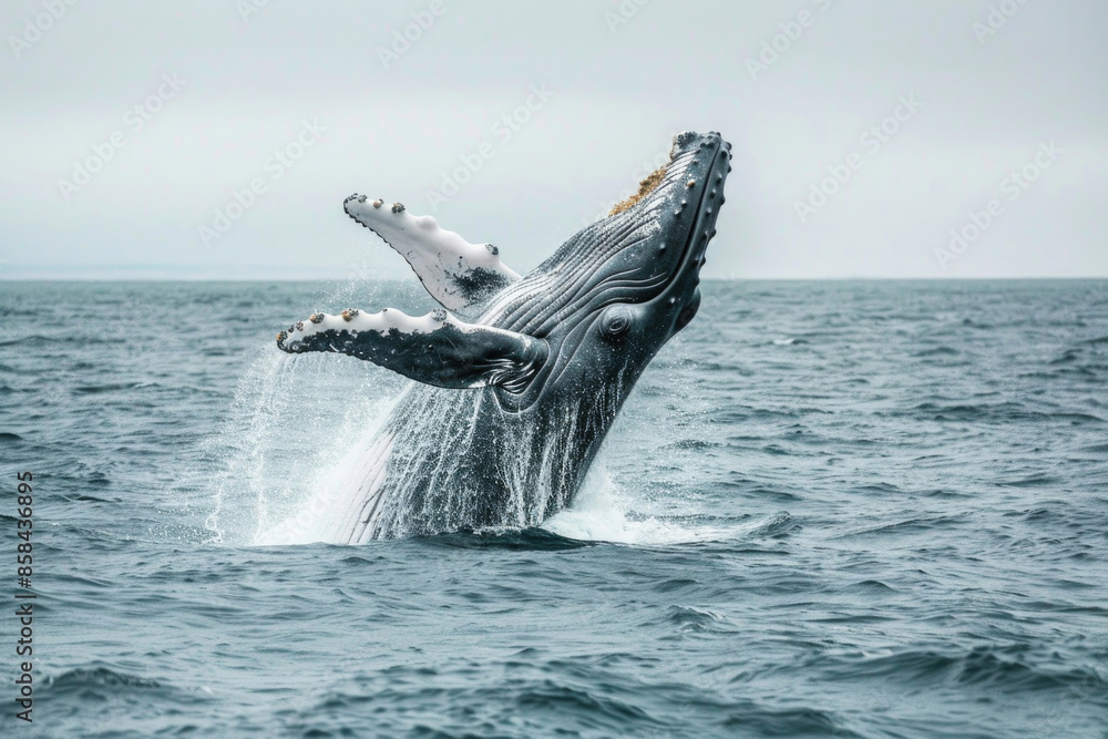 Fototapeta premium A whale breaches the ocean surface, creating a spectacular splash.