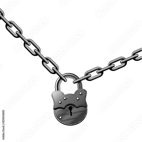 Old big padlock closed with an iron chain isolated on white. Vector conceptual illustration in vintage black and white engraving style