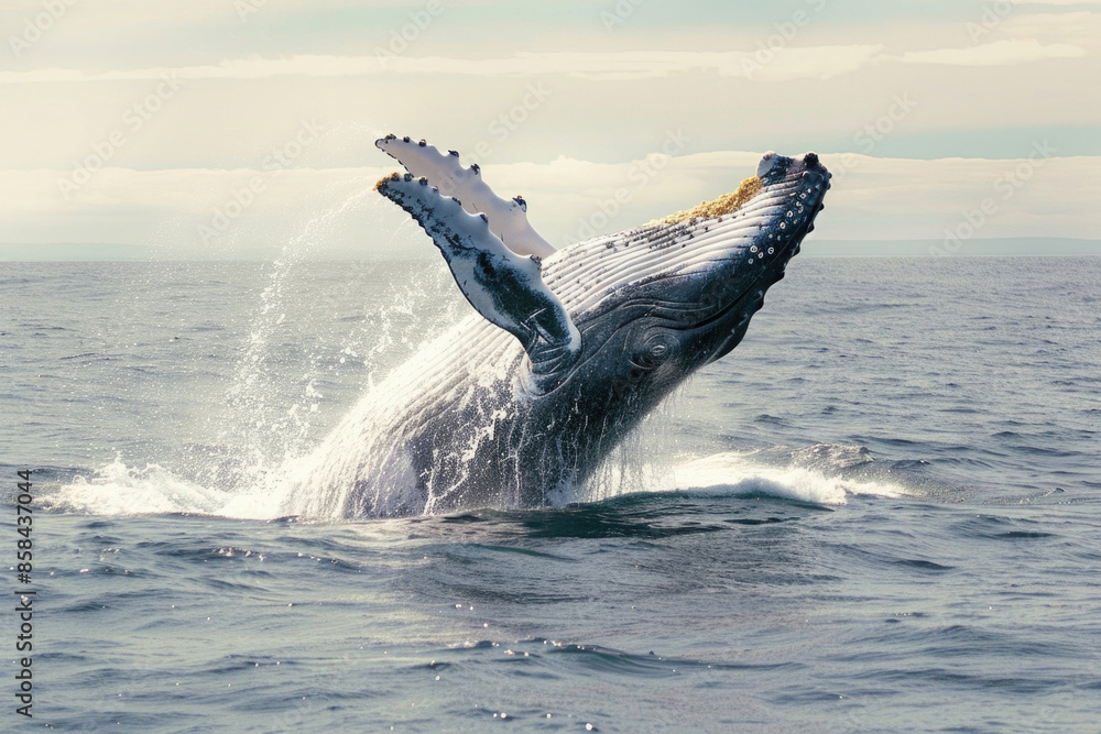 Fototapeta premium A whale breaches the ocean surface, creating a spectacular splash.