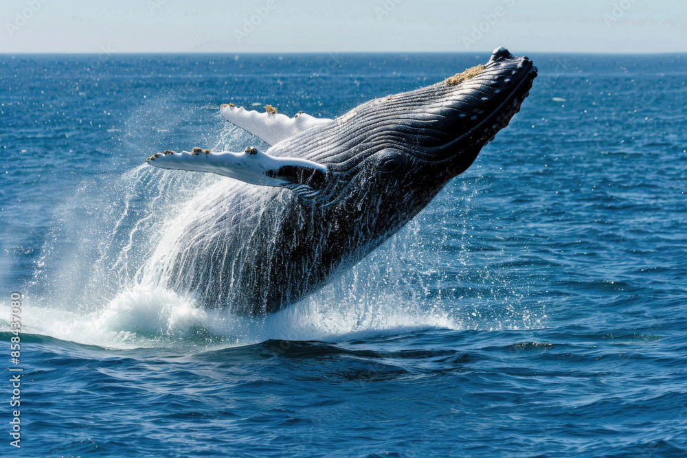 Fototapeta premium A whale breaches the ocean surface, creating a spectacular splash.