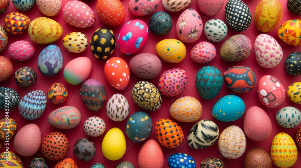 Fototapeta premium Colorful Easter eggs arranged on a cheerful, themed background