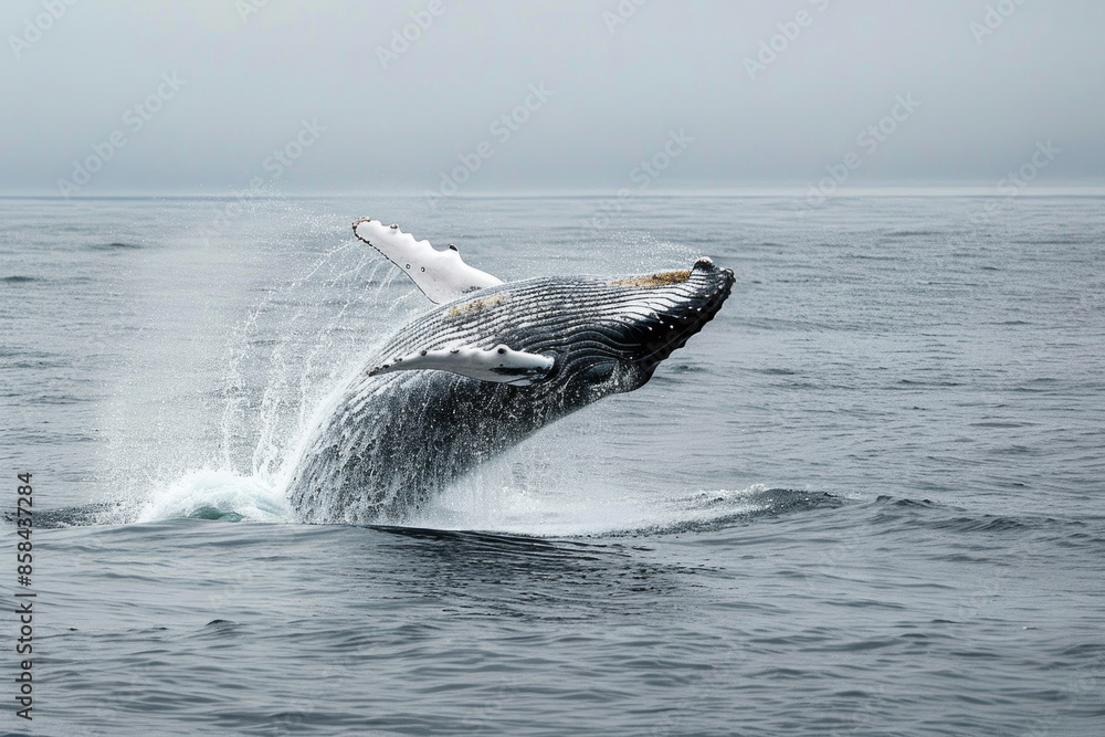 Fototapeta premium A whale breaches the ocean surface, creating a spectacular splash.