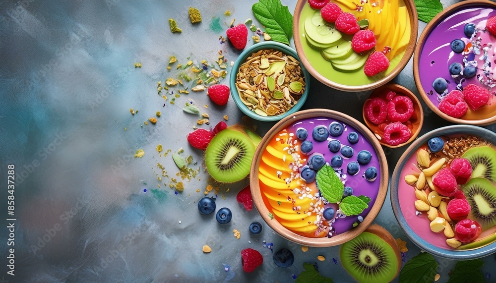 Colorful smoothie bowls topped with fresh fruits, nuts, seeds, and granol Colorful smoothie bowls topped with fresh fruits, nuts, seeds, and granol