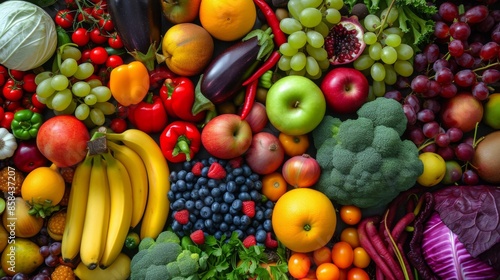 Colorful fruits and vegetables arranged artistically on a contrasting background