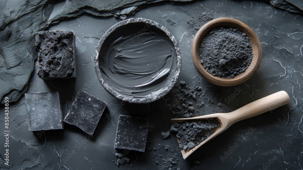 soap bars, a bowl of charcoal powder, a scoop of charcoal powder, and a bowl of charcoal face mask. soap bars, a bowl of charcoal powder, a scoop of charcoal powder, and a bowl of charcoal face mask.