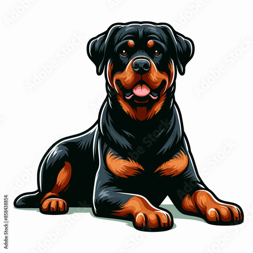 Realistic Rottweiler Dog Drawing: Adorable Family Pet Portrait - Black and Brown Canine Vector Illustration with White Outline