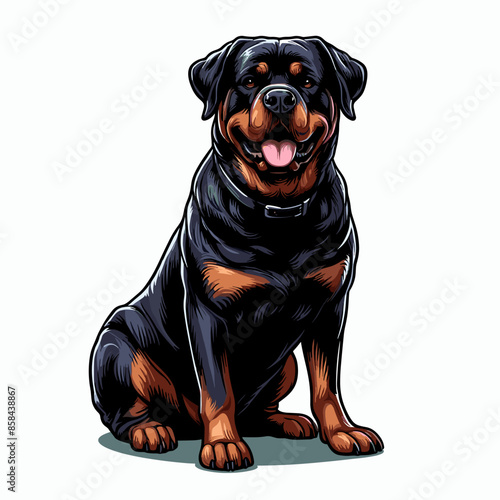 Realistic Rottweiler Dog Drawing: Adorable Family Pet Portrait - Black and Brown Canine Vector Illustration with White Outline