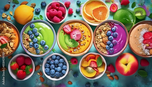 Colorful smoothie bowls topped with fresh fruits, nuts, seeds, and granol © amol