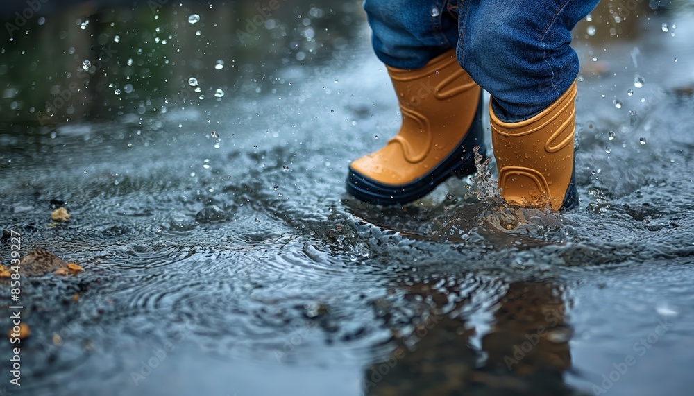 This closeup image captures orange rain boots making a spirited splash in a puddle, emphasizing the exhilarating, playful nature of rainy day escapades. This closeup image captures orange rain boots making a spirited splash in a puddle, emphasizing the exhilarating, playful nature of rainy day escapades.