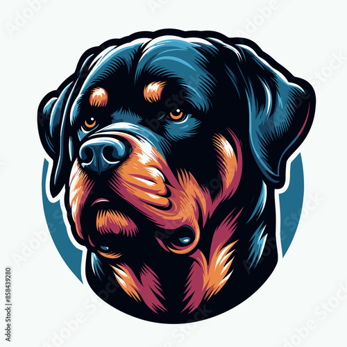 Playful Young Rottweiler Dog Silhouette: Cartoon Graphic Design of a Friendly Domestic Animal - Head and Face Icon with Green Grass Background

