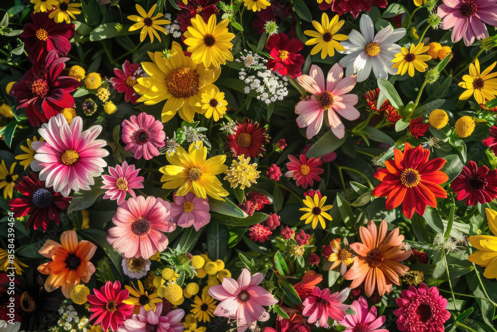 A vibrant top-down view of a diverse mix of flowers bathed in sunlight A vibrant top-down view of a diverse mix of flowers bathed in sunlight