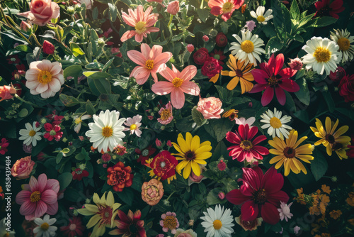 A vibrant top-down view of a diverse mix of flowers bathed in sunlight