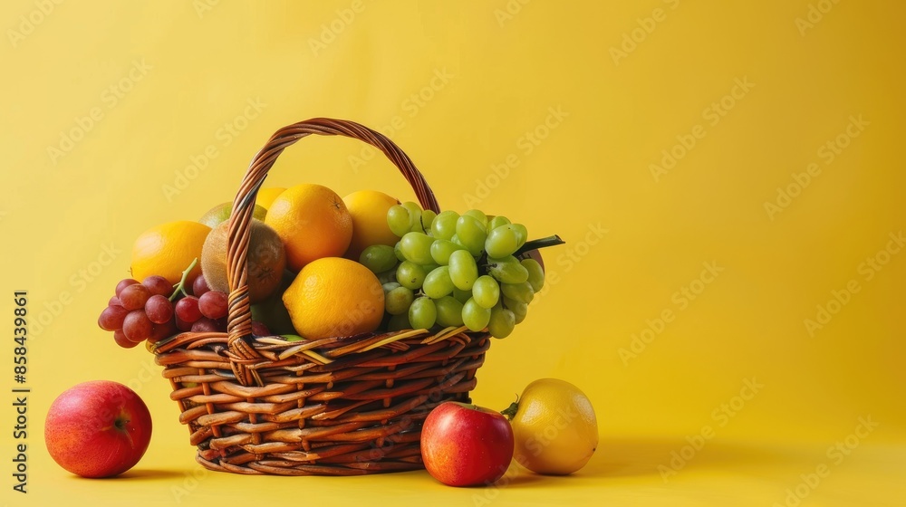 Basket of assorted fresh fruits on yellow background with copy space Basket of assorted fresh fruits on yellow background with copy space