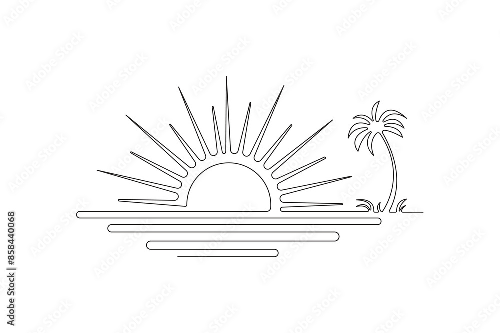 One line drawing of sunset at beach vector One line drawing of sunset at beach vector