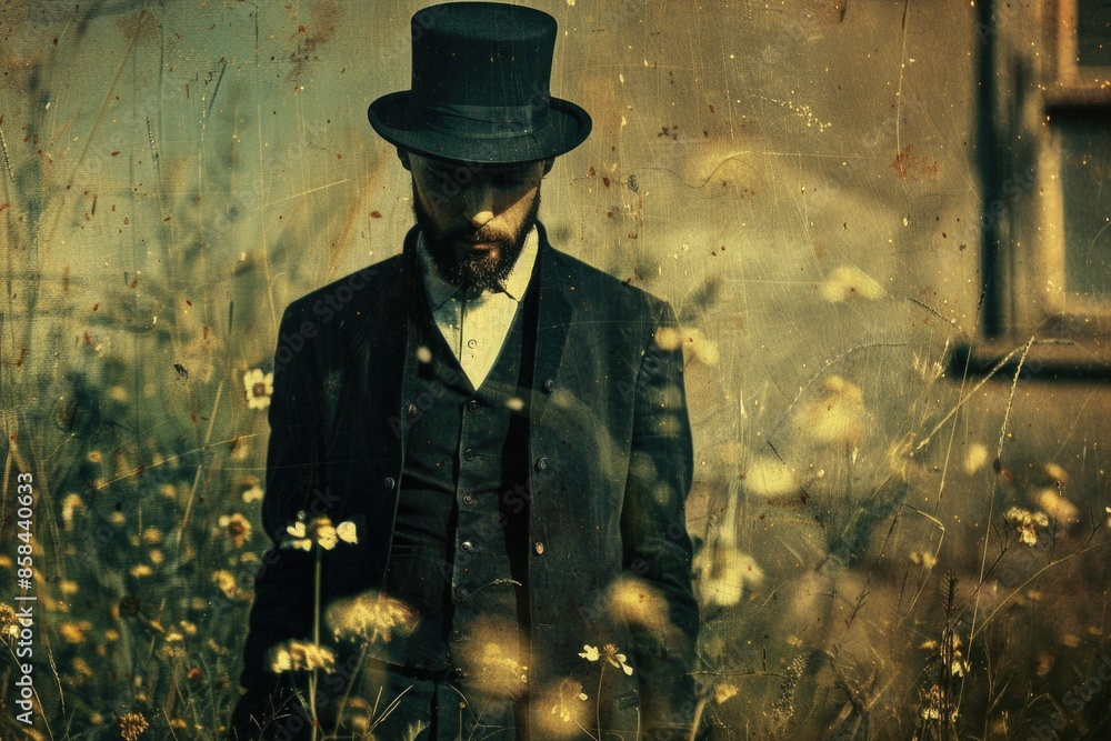 Fototapeta premium A gentleman standing amidst a lush field of flowers, dressed in a suit and top hat