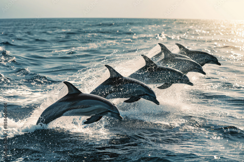 Fototapeta premium Dolphins jump and play in the ocean, creating splashes and waves