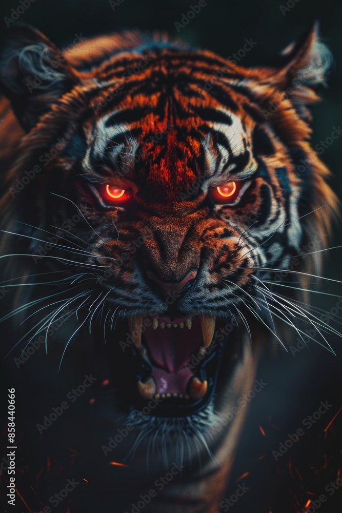 A close-up shot of a tiger's face with bright red eyes A close-up shot of a tiger's face with bright red eyes